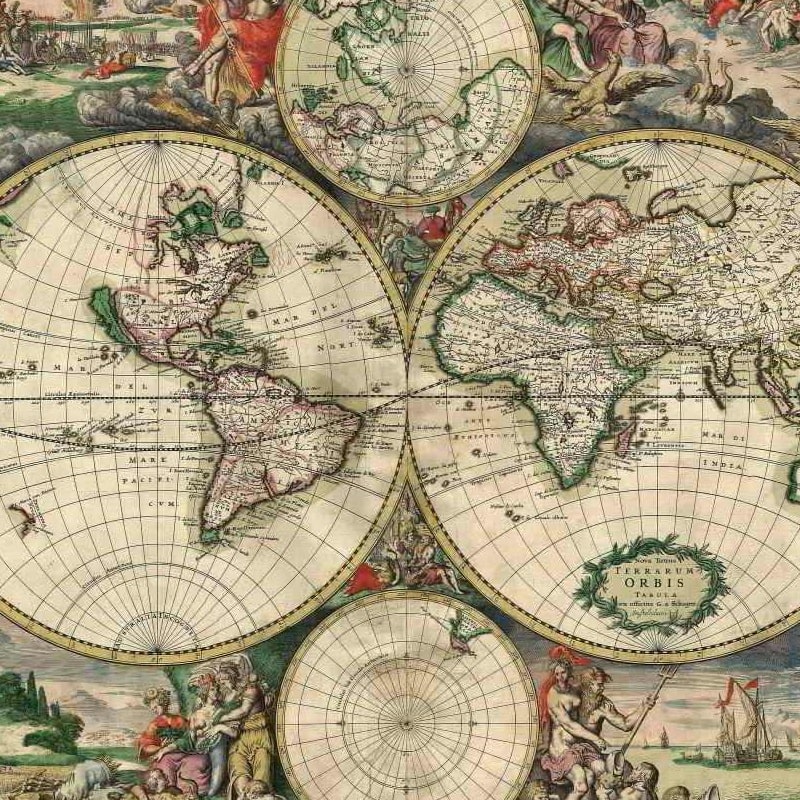 Recorte de Mapa Mundi confeccionado em 1730 por Justus Danckerts