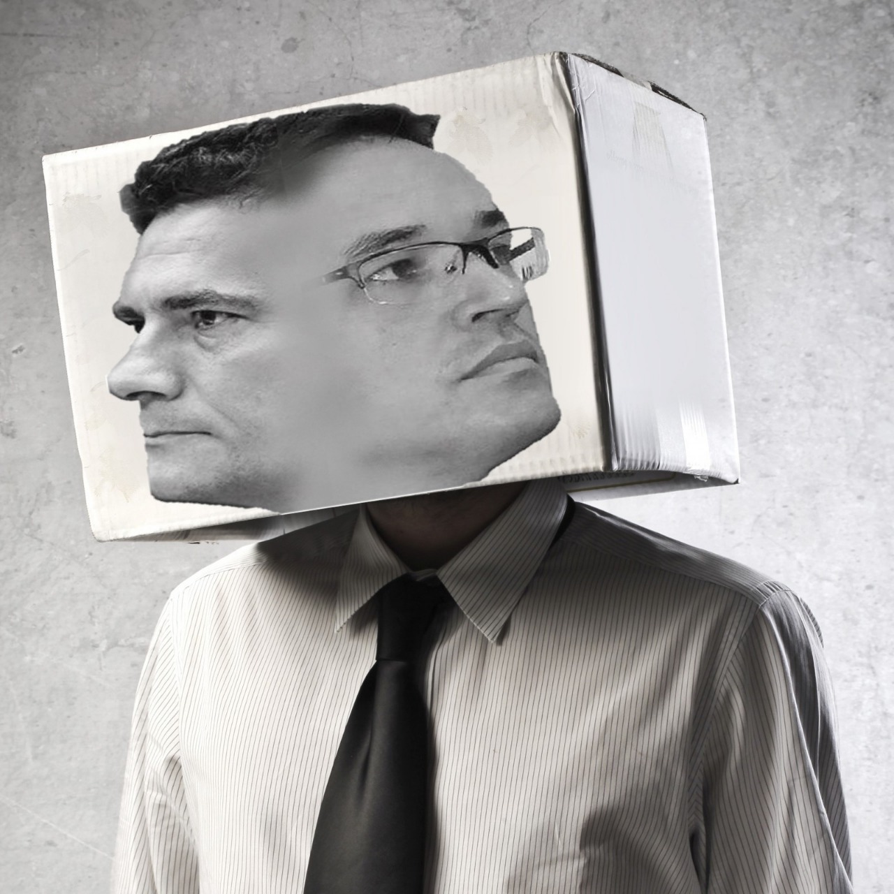 Imagem de torso com cabeça de caixa. Na caixa, aparecem os rostos de Deltan e Moro.