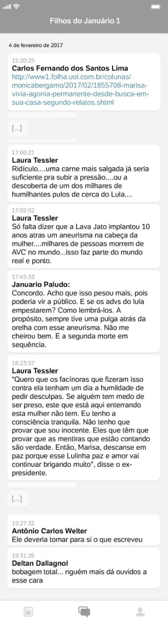 Um dia após, no dia 4 de fevereiro, Laura Tessler disparou contra uma matéria da jornalista Monica Bergamo. Em sua coluna no jornal Folha de São Paulo, Bergamo relatou a agonia vivida por Marisa durante os episódios da Lava Jato, como a condução coercitiva de Lula. No comentário, Tessler refutou a possibilidade de agravamento do quadro de saúde de Marisa estar relacionado com os fatos, e ainda sugeriu uma possível ligação com um caso extraconjugal do ex-presidente.