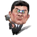 Caricatura de Sérgio Moro como um ciclope e o símbolo da Rede Globo no lugar do olho. O ministro segura um machado de pedra lascada.