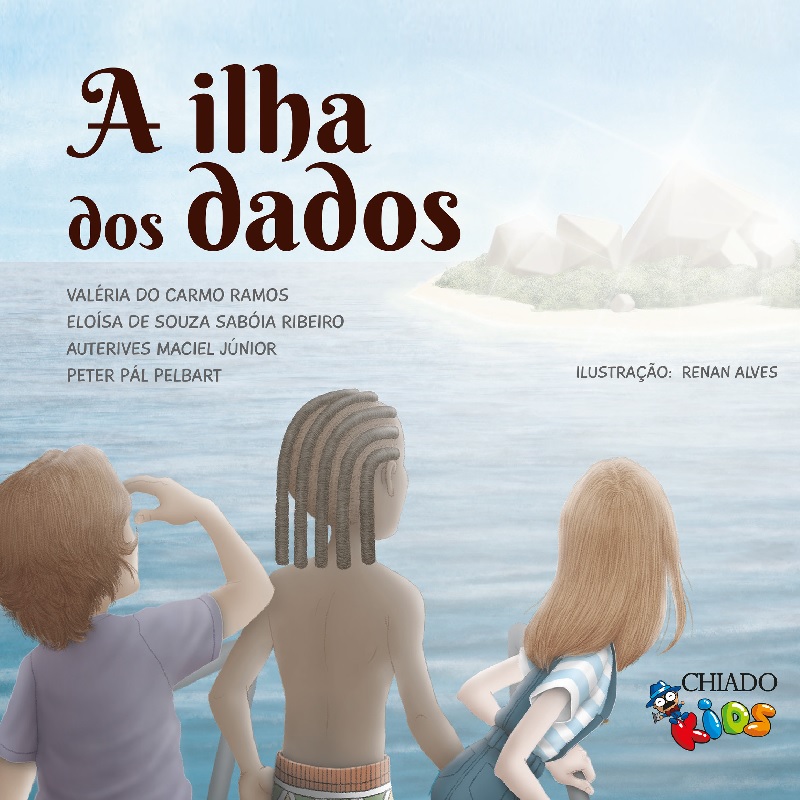Imagem de três crianças num pico, olhando para uma ilha