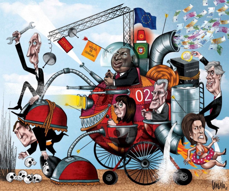 Cartoon de Vasco Gargalo que regista o segundo aniversário dos inéditos acordos de Governo entre PS, Bloco de Esquerda, PCP e Verdes (Reprodução)