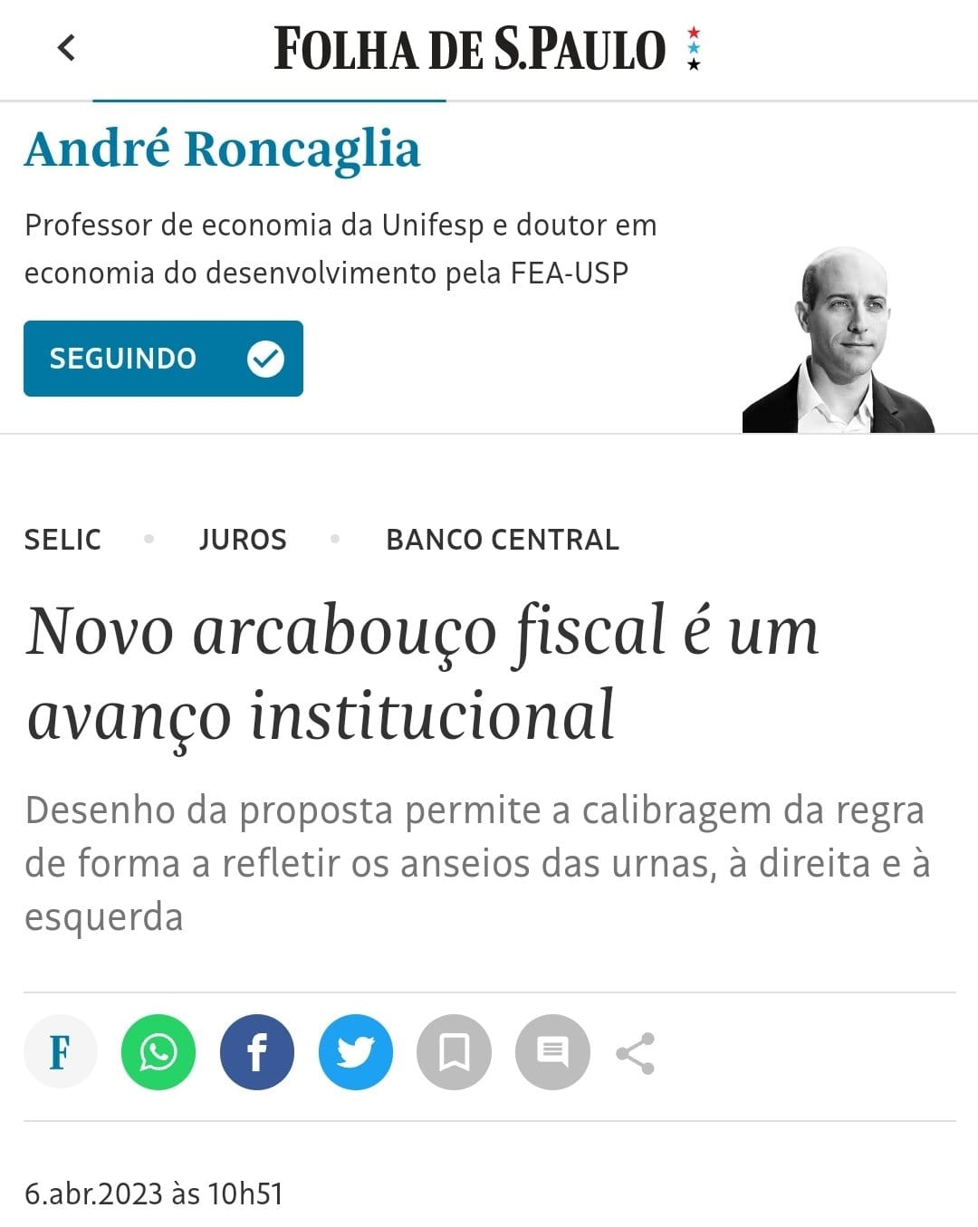 Analise do artigo de Andre Roncaglia sobre o novo arcabouco fiscal na Folha de Sao Paulo