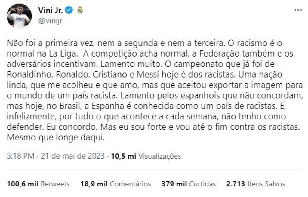 Todos contra um odio e racismo no futebol europeu contra Vinicius Junior